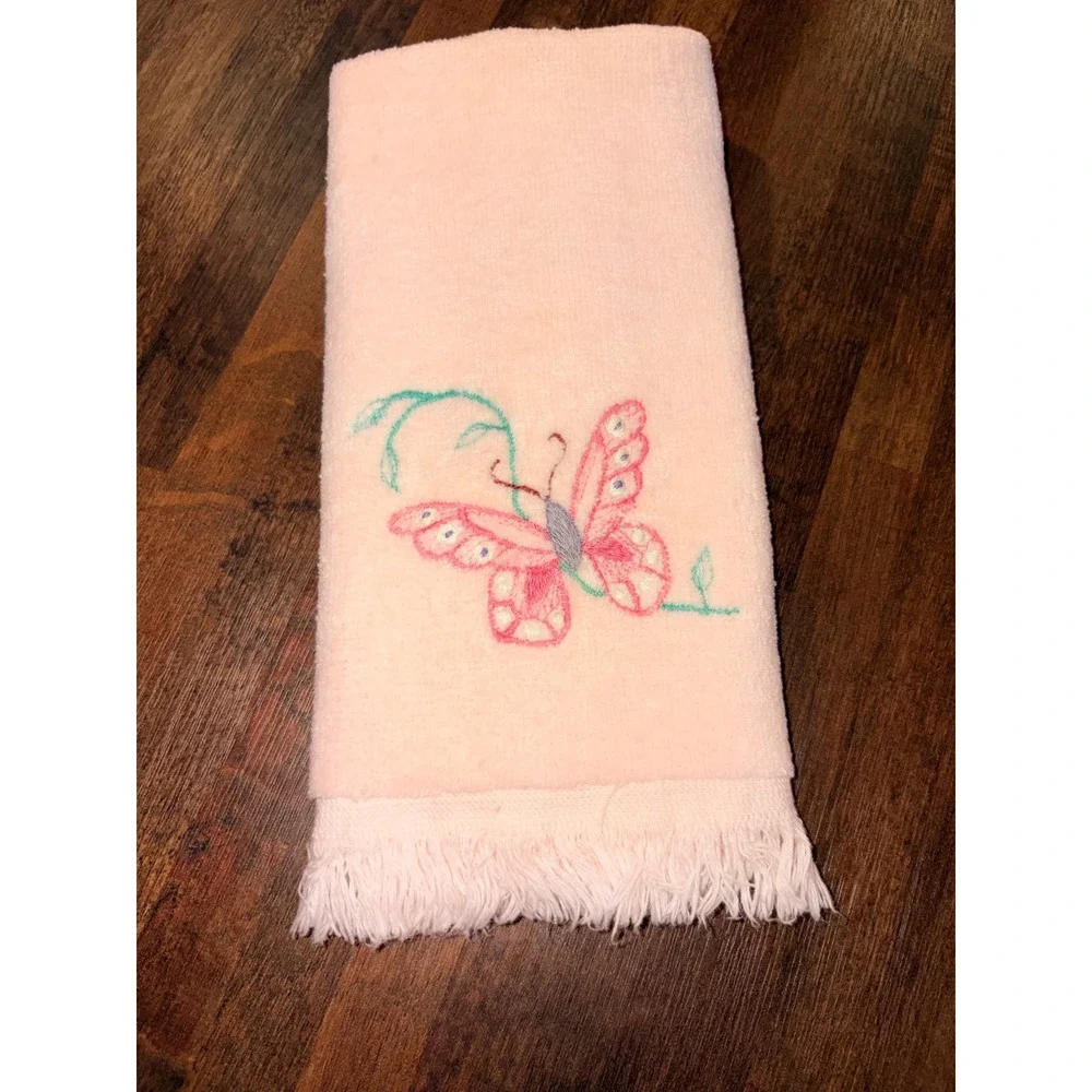Vintage Panda Pink Butterfly Embroidered Fringe Hand Towels 100% Cotton Set of 2